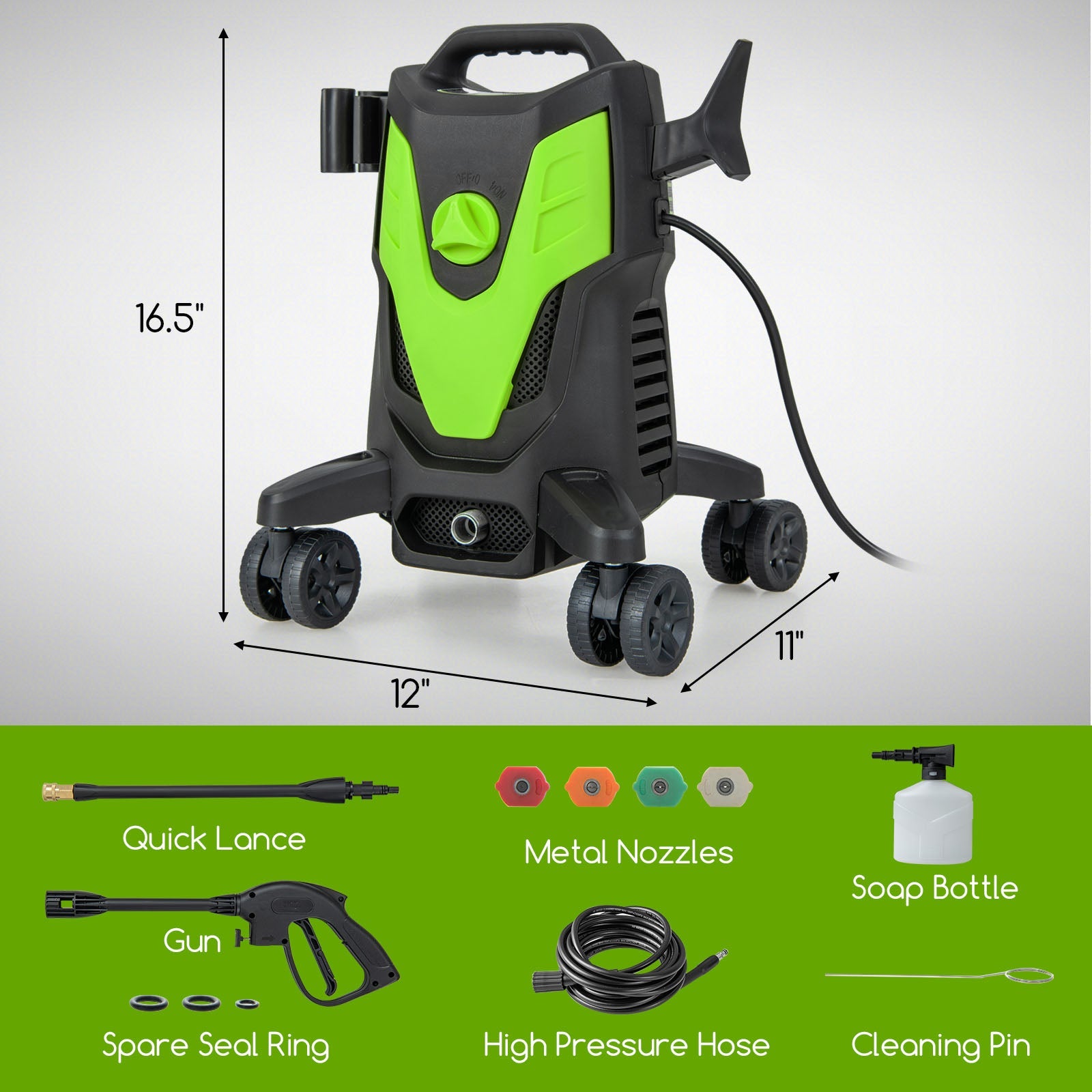 2400 PSI Electric Pressure Washer with 4 Universal Wheels-Green