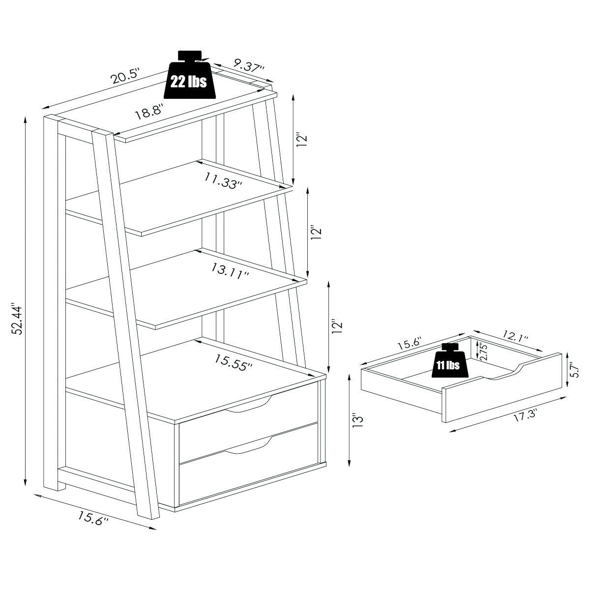 4-Tier Ladder Bookshelf Storage Display with Drawers