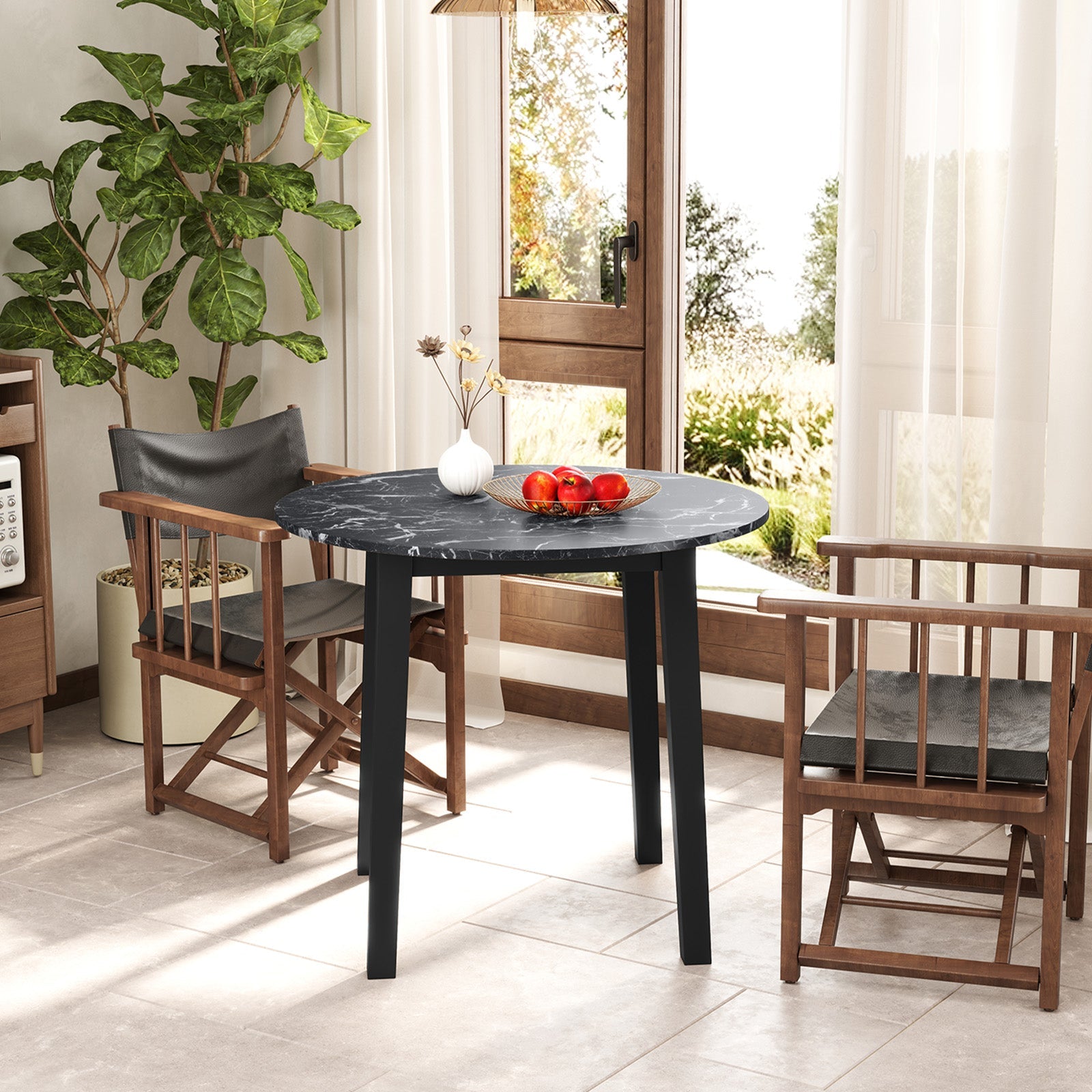 35 Inch Round Dining Table with Rubber Wood Legs and Marble-textured Veneer Tabletop-Black