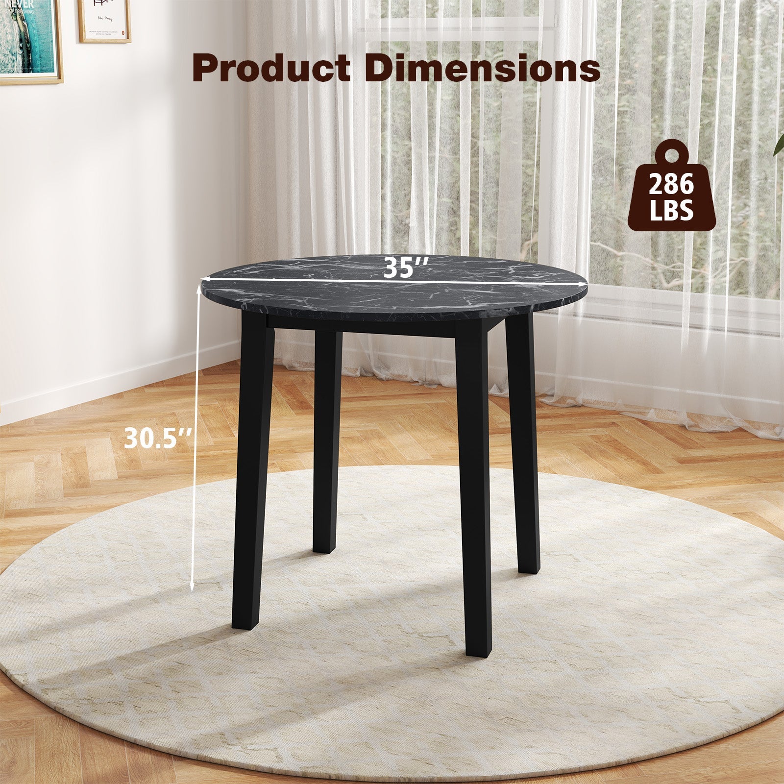 35 Inch Round Dining Table with Rubber Wood Legs and Marble-textured Veneer Tabletop-Black
