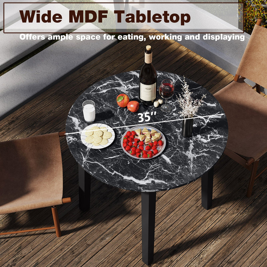 35 Inch Round Dining Table with Rubber Wood Legs and Marble-textured Veneer Tabletop-Black