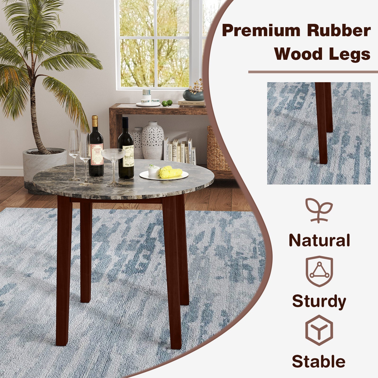 35 Inch Round Dining Table with Rubber Wood Legs and Marble-textured Veneer Tabletop-Brown