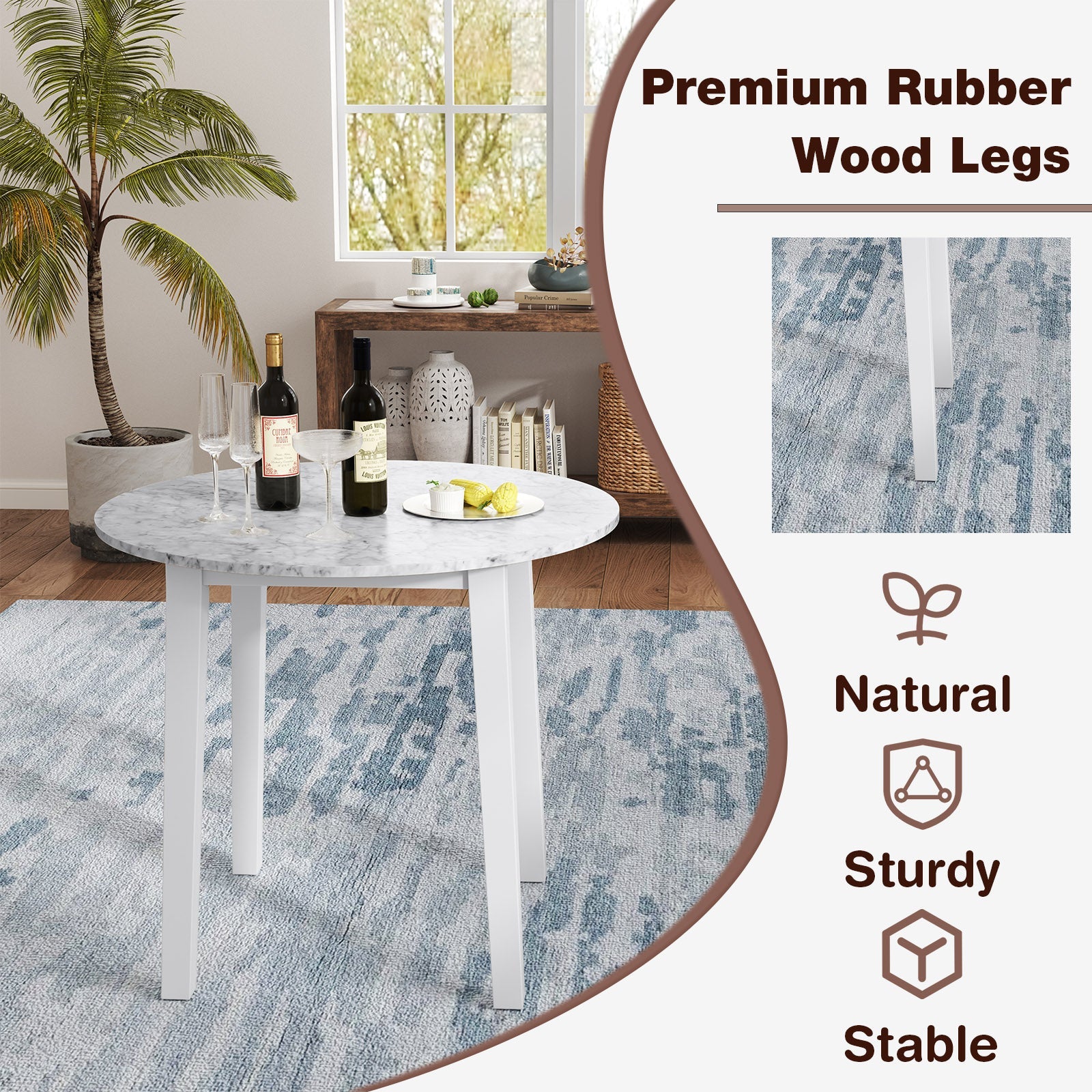 35 Inch Round Dining Table with Rubber Wood Legs and Marble-textured Veneer Tabletop-White