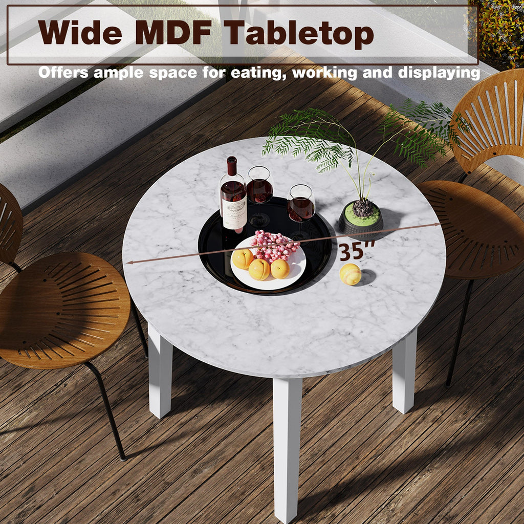 35 Inch Round Dining Table with Rubber Wood Legs and Marble-textured Veneer Tabletop-White
