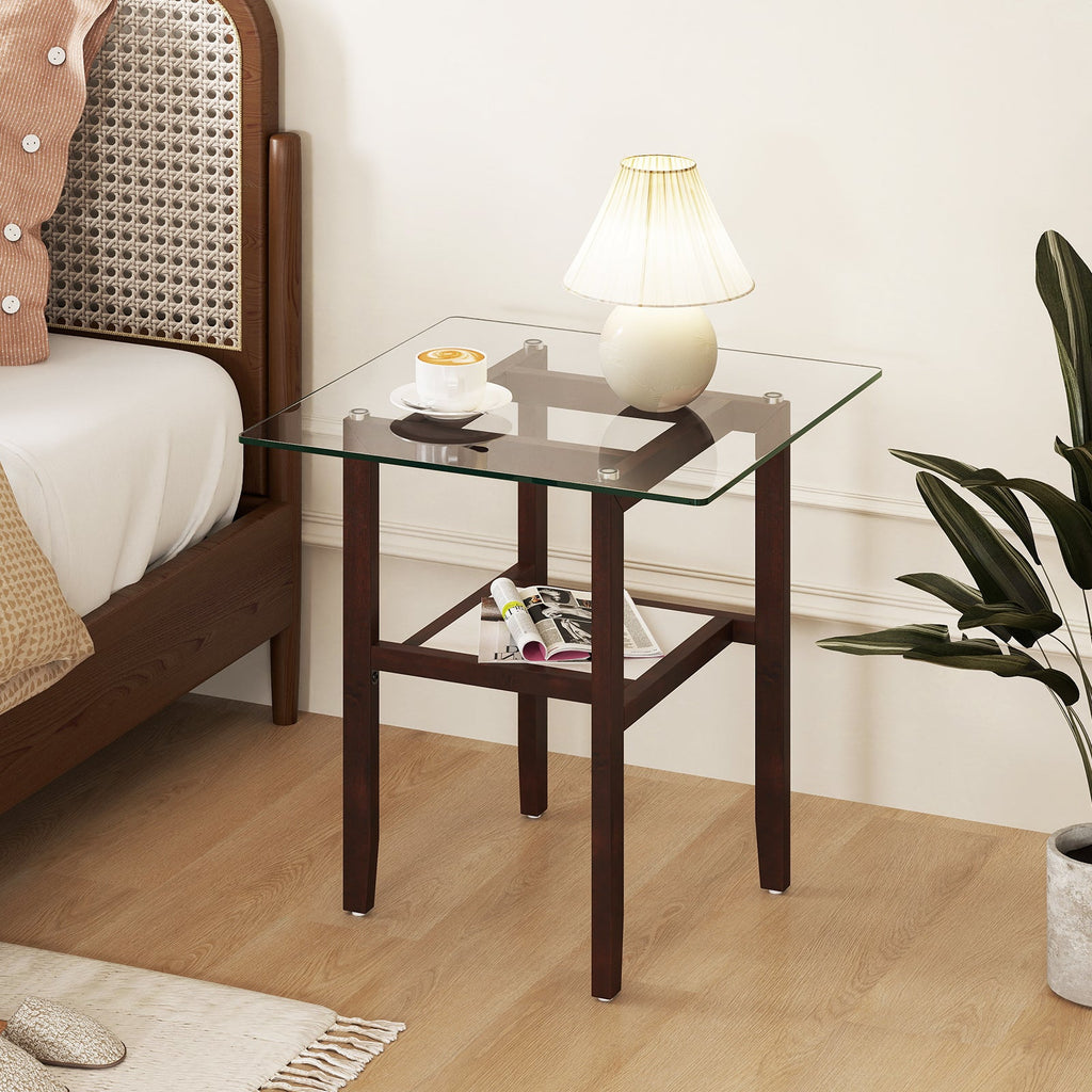 24 Inch 2-Tier Square Glass Coffee Table Center Table with Storage Shelf-Brown