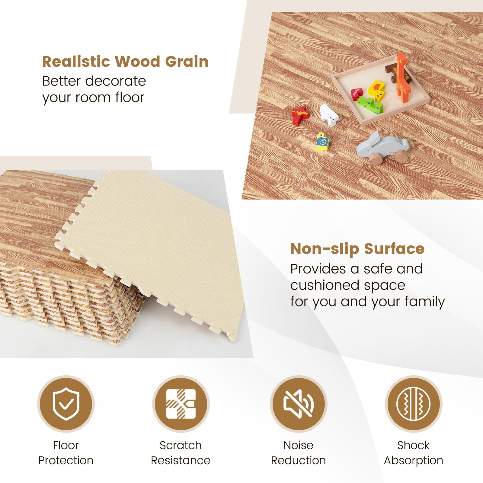 25 Tiles Wood Grain Foam Floor Mats with Borders- Natural