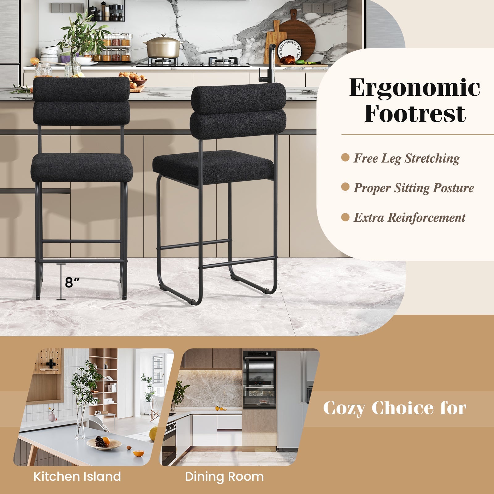 26 Inch Counter Height Bar Stools Set of 2 with Metal Frame and Footrest-Black