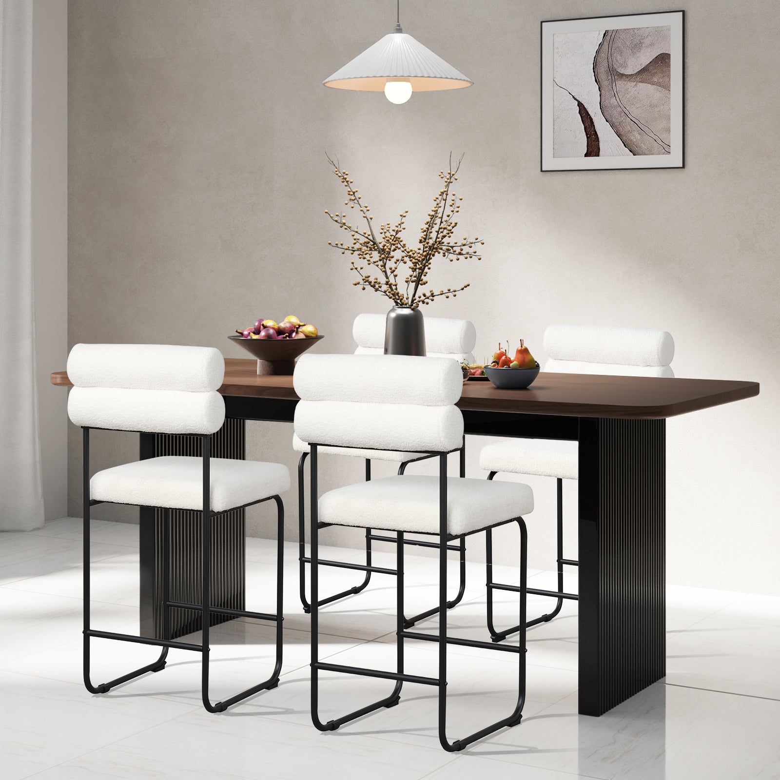 26 Inch Counter Height Bar Stools Set of 2 with Metal Frame and Footrest-White