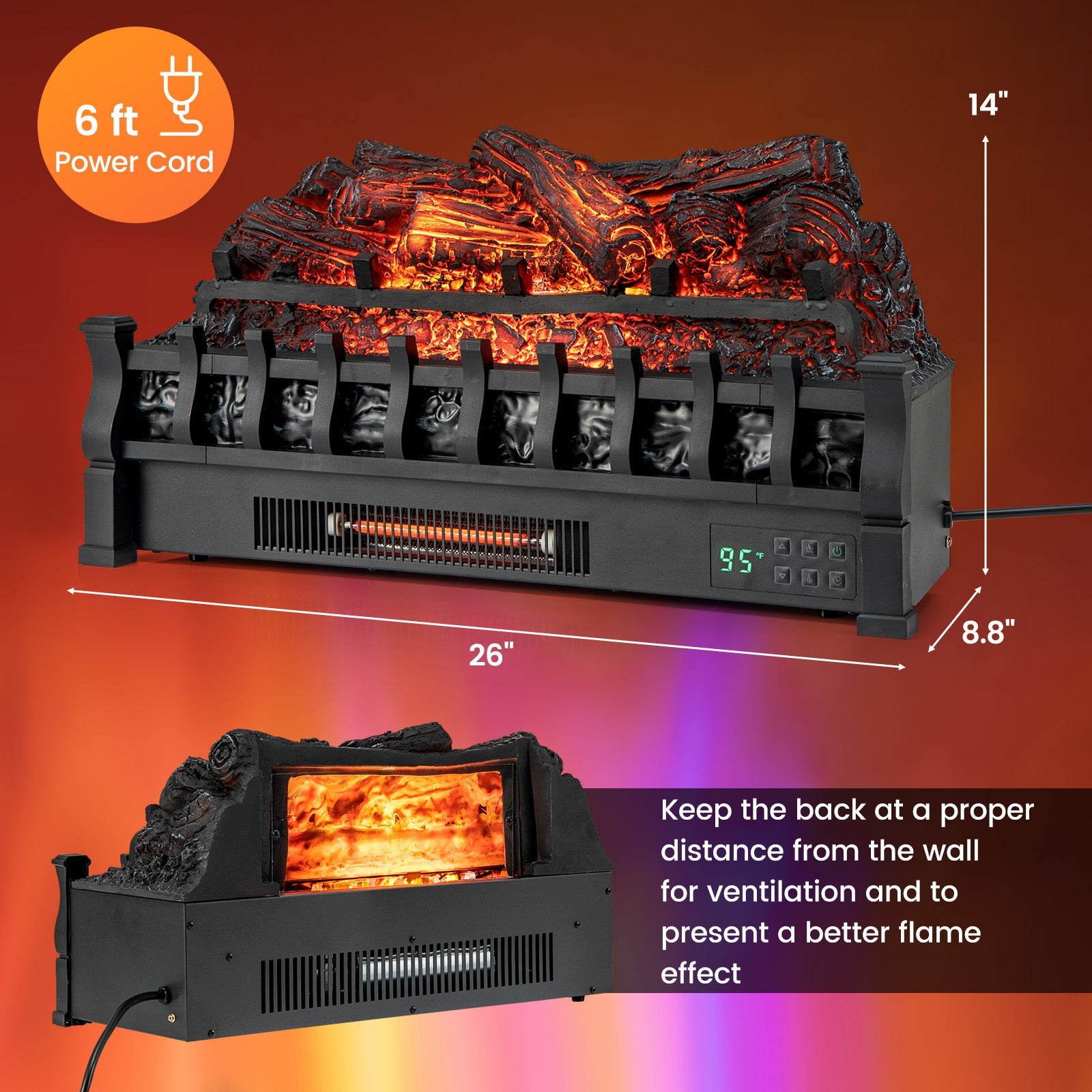 26 Inches Infrared Quartz Electric Fireplace with Realistic Pinewood Ember Bed