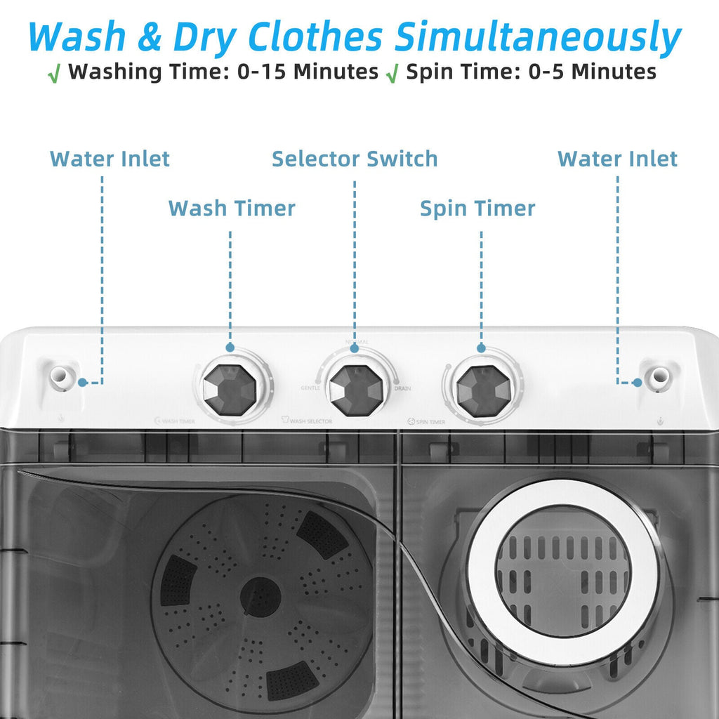 26 LBS Twin Tub Portable Washing Machine with Built-In Drain Pump-Gray