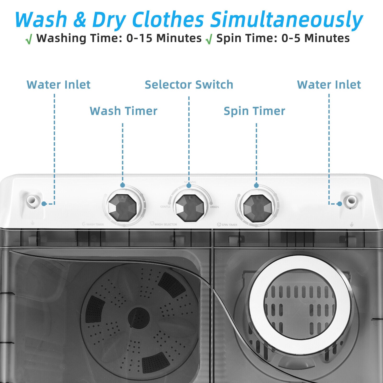 26 LBS Twin Tub Portable Washing Machine with Built-In Drain Pump-Gray