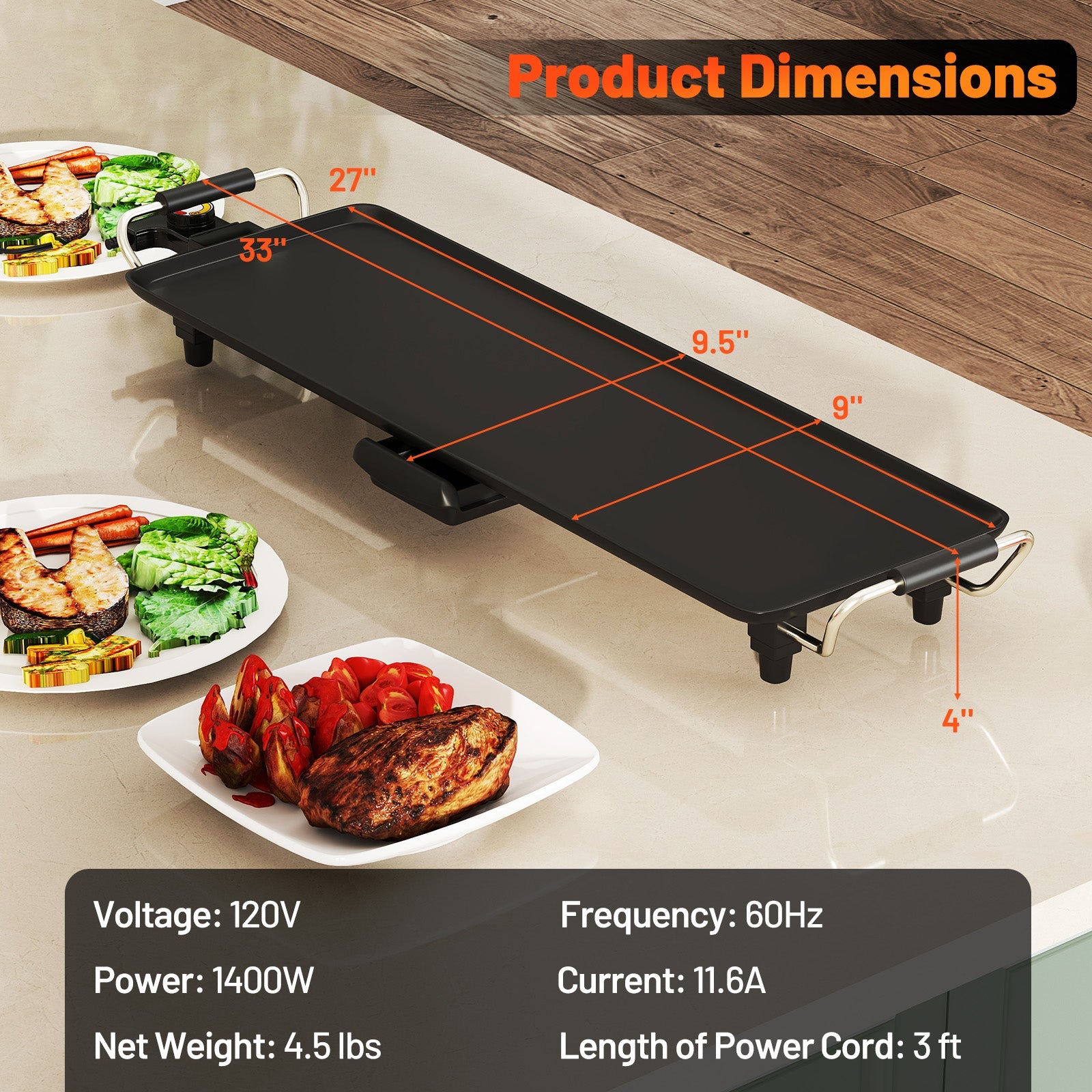 27 Inch Large Electric Griddle Nonstick BBQ Grill with Adjustable Temperature-S