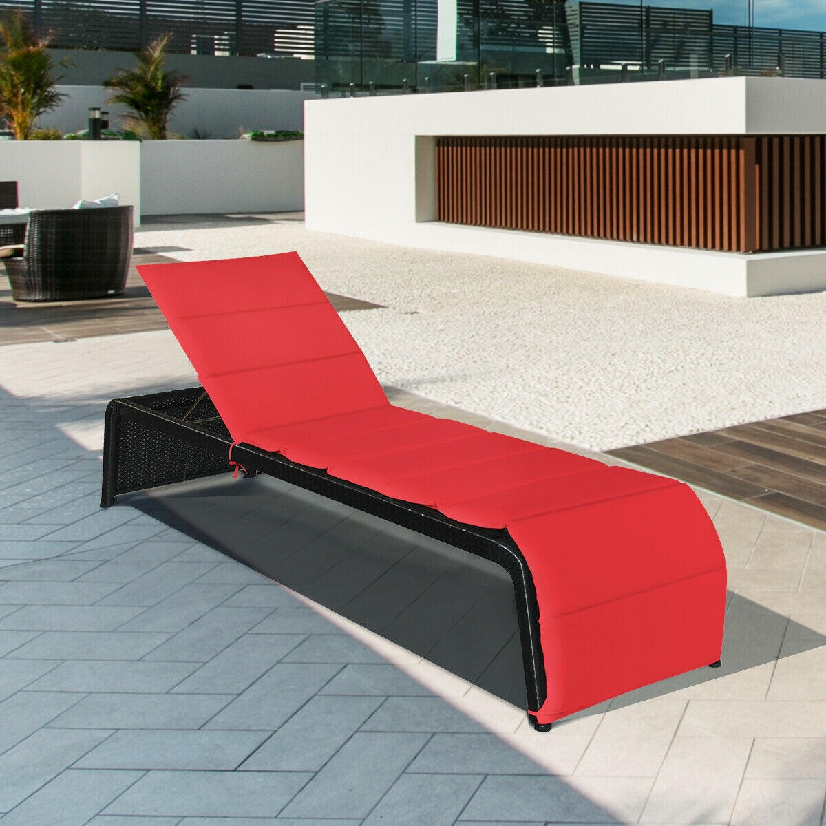 Patio Rattan Lounge Chair Back Adjustable Chaise Recliner  with Cushioned-Red