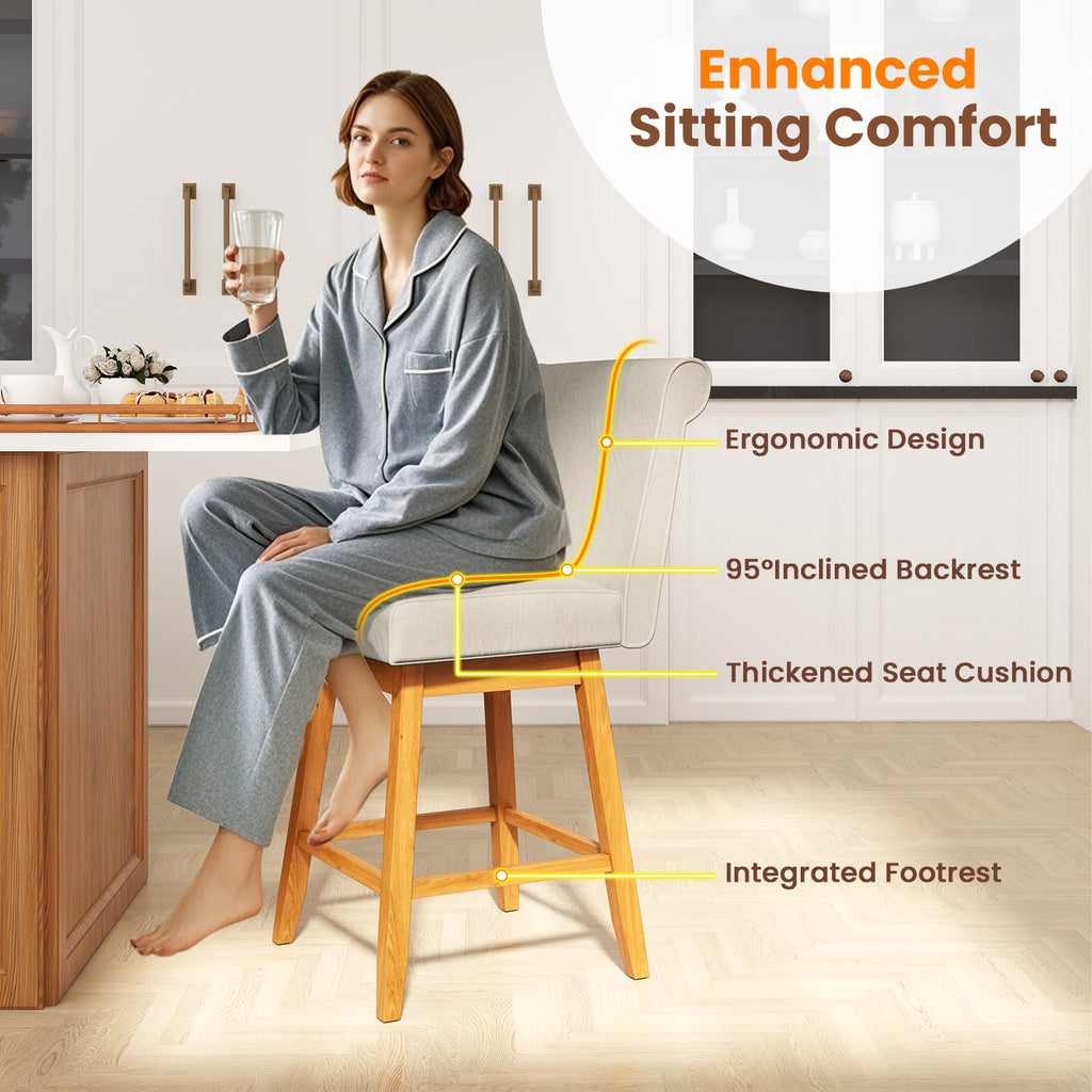 27 Inch Counter Height Bar Chairs with Rubber Wood Legs Set of 2-Beige