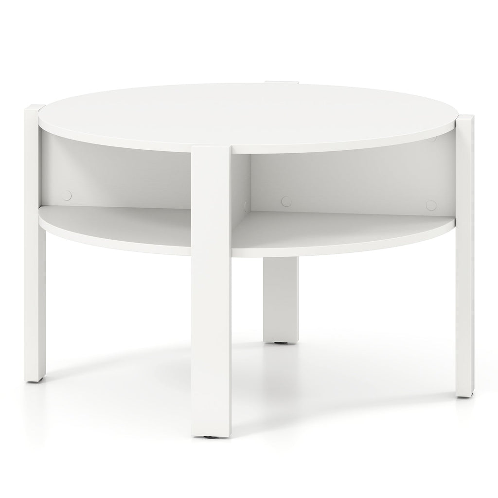 29.5 Inch Round Coffee Table with Storage Shelves for Small Space-White