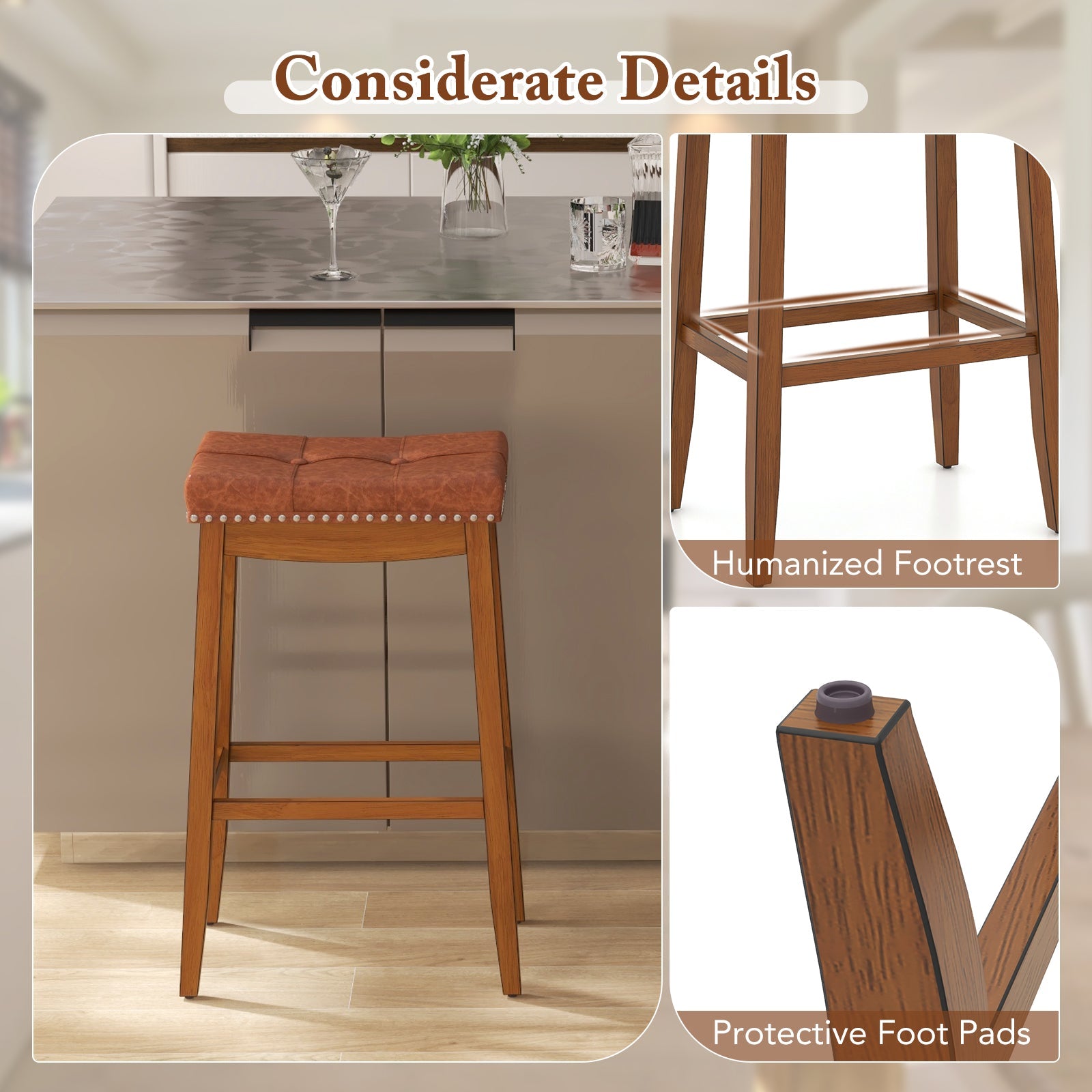 25/29 Inch Set of 2 Upholstered PU Leather Bar Stools with Saddle Seat-29 inches