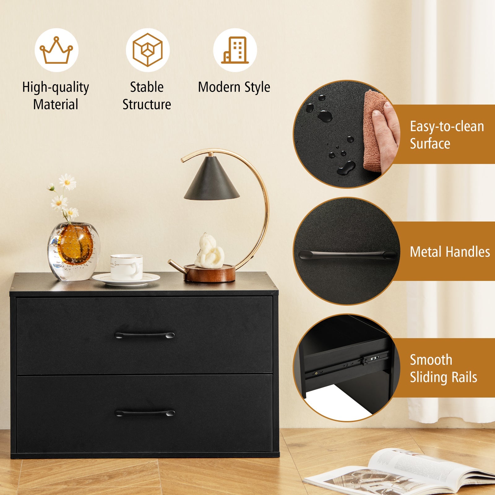 2-Drawer Stackable Horizontal Storage Cabinet Dresser Chest with Handles-Black