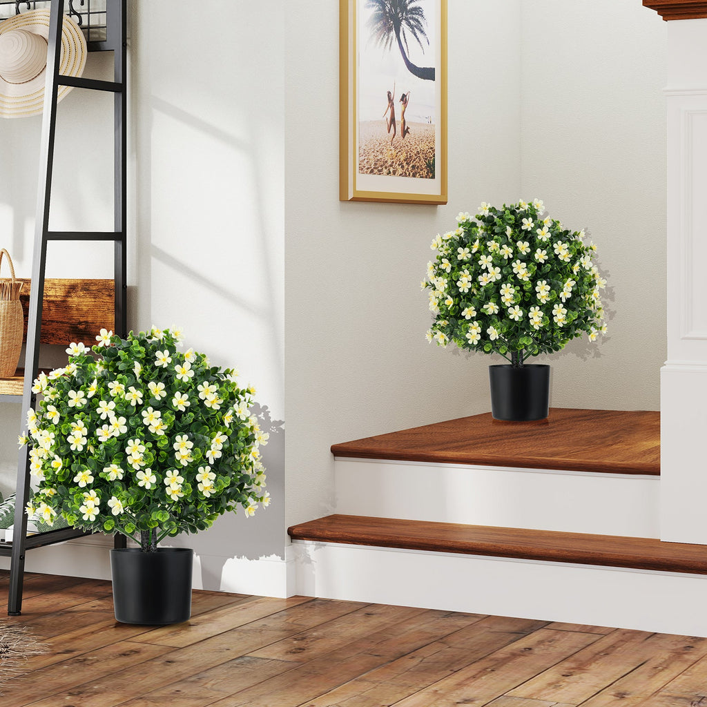 2 Pack Artificial Boxwood Topiary Ball Tree Faux Shrub Bushes with Flowers-White