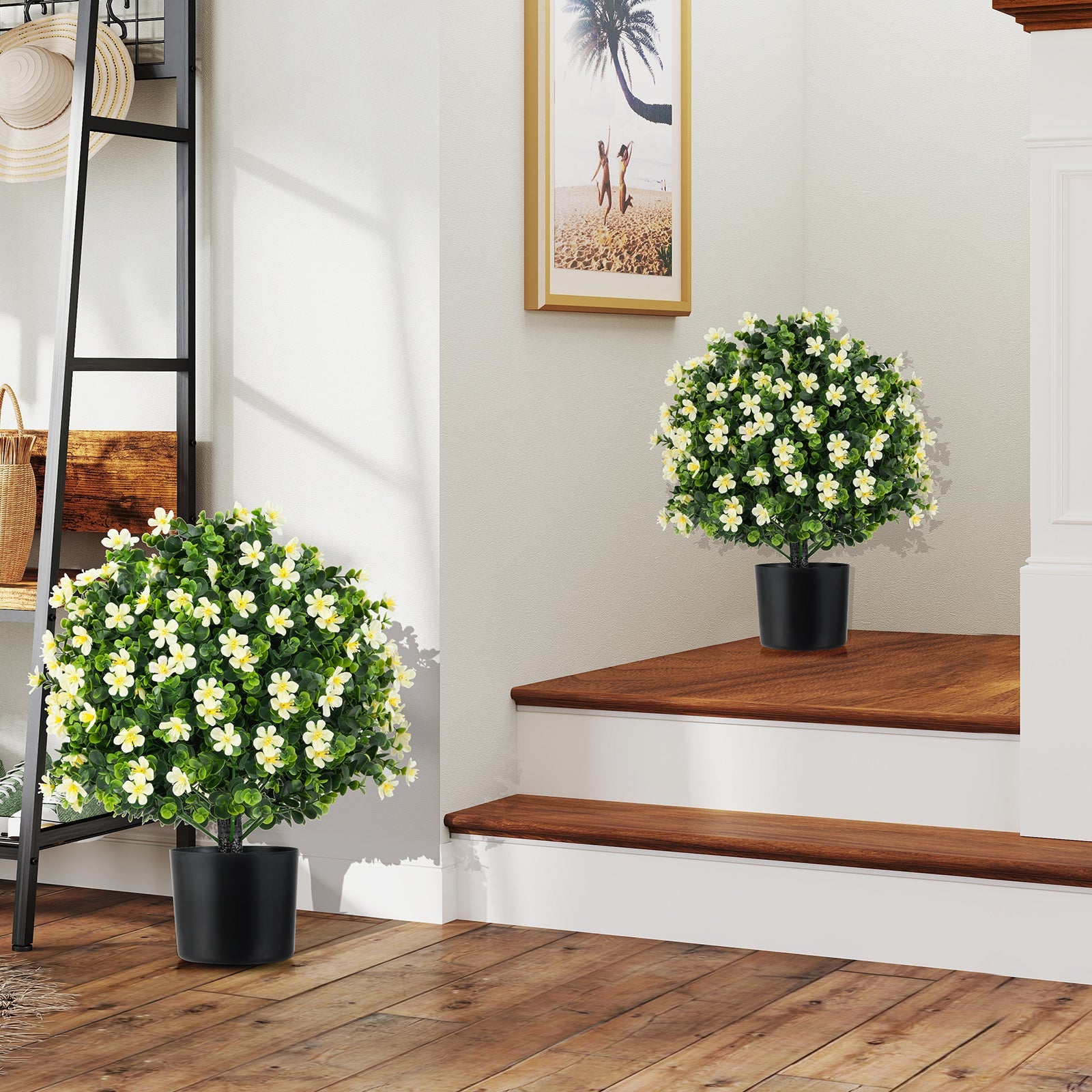 2 Pack Artificial Boxwood Topiary Ball Tree Faux Shrub Bushes with Flowers-White
