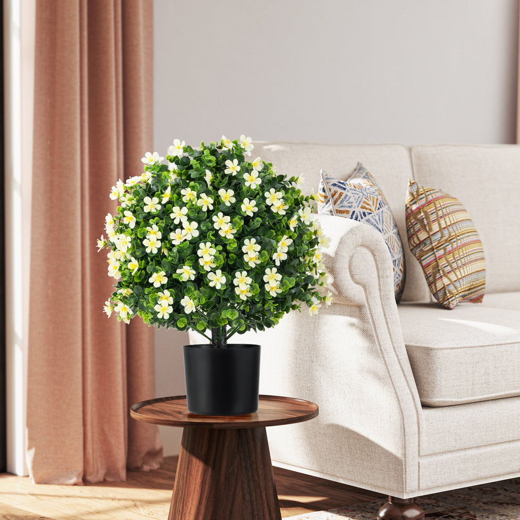 2 Pack Artificial Boxwood Topiary Ball Tree Faux Shrub Bushes with Flowers-White