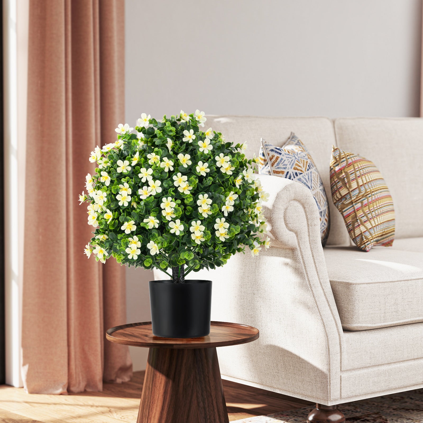 2 Pack Artificial Boxwood Topiary Ball Tree Faux Shrub Bushes with Flowers-White