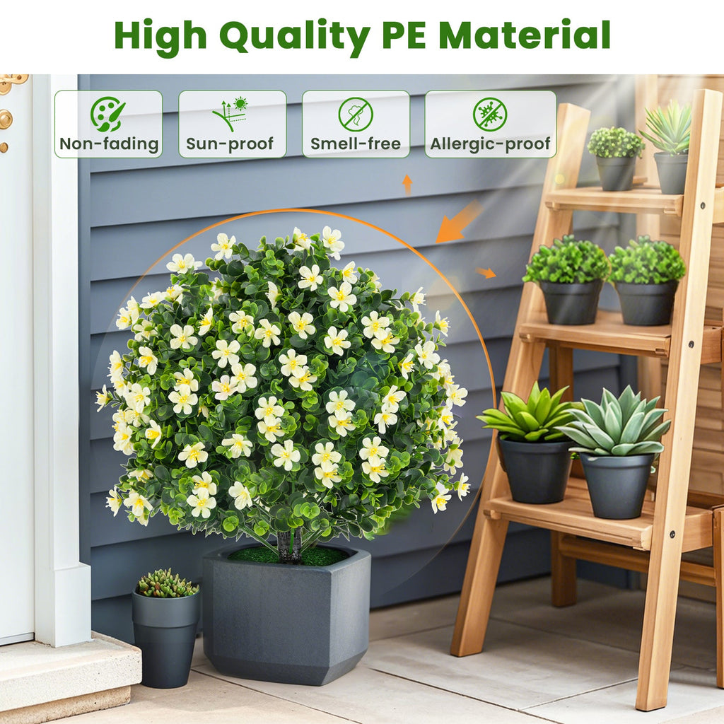2 Pack Artificial Boxwood Topiary Ball Tree Faux Shrub Bushes with Flowers-White