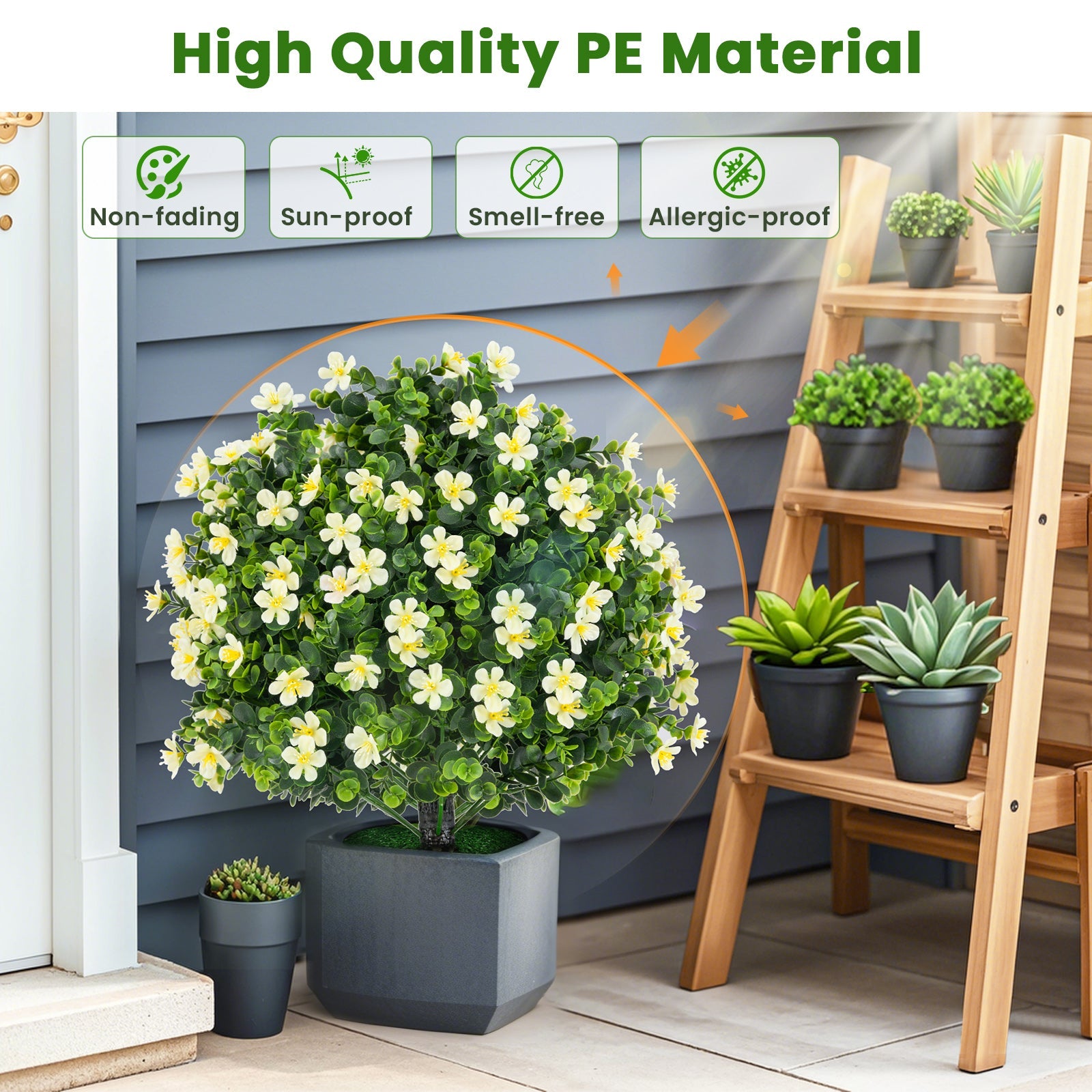 2 Pack Artificial Boxwood Topiary Ball Tree Faux Shrub Bushes with Flowers-White