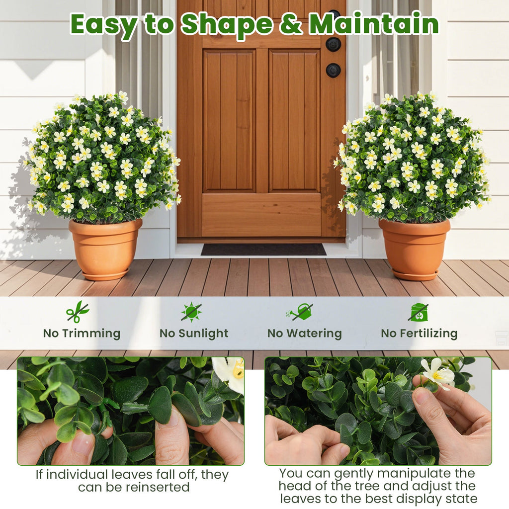 2 Pack Artificial Boxwood Topiary Ball Tree Faux Shrub Bushes with Flowers-White