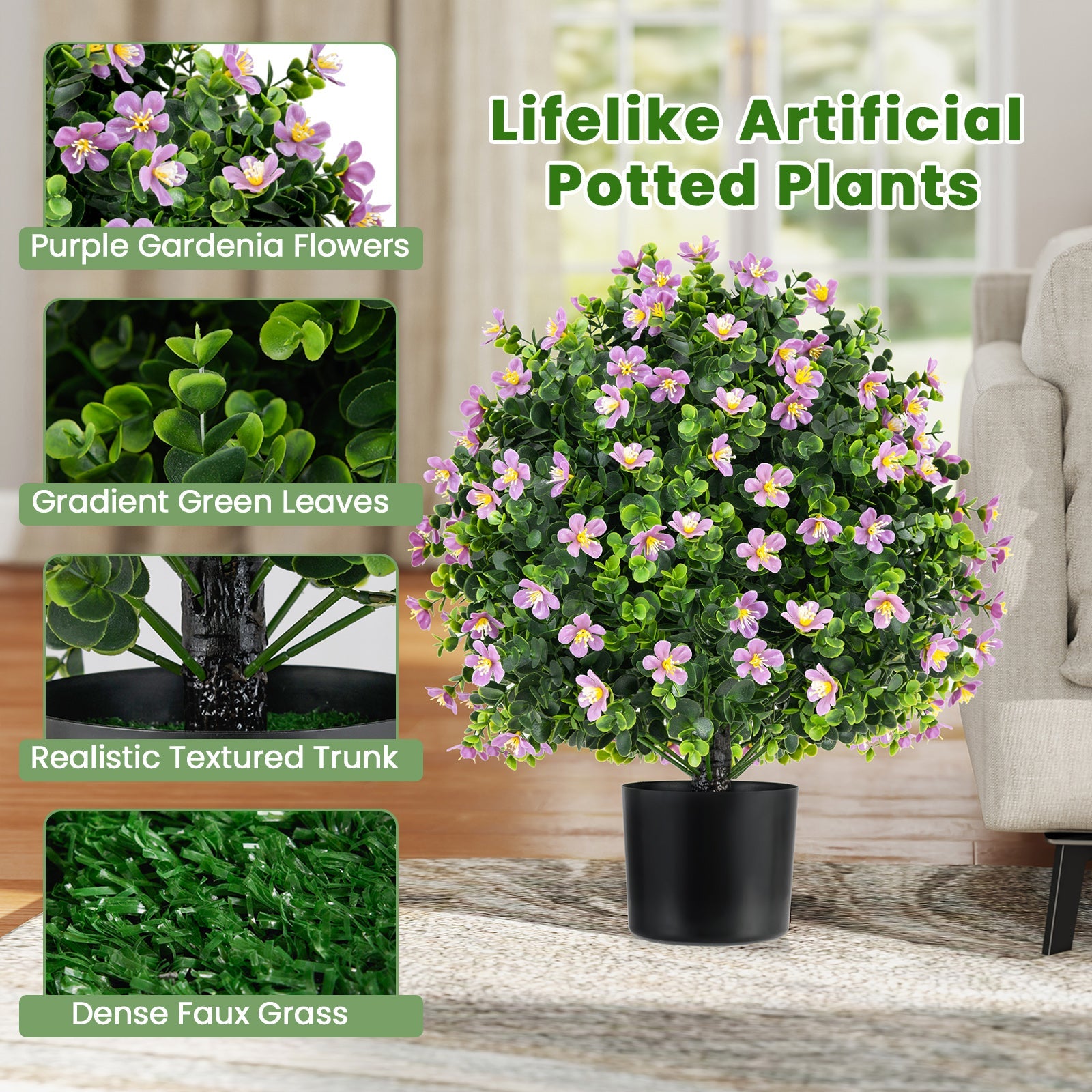 2 Pack Artificial Boxwood Topiary Ball Tree Faux Shrub Bushes with Flowers-Purple