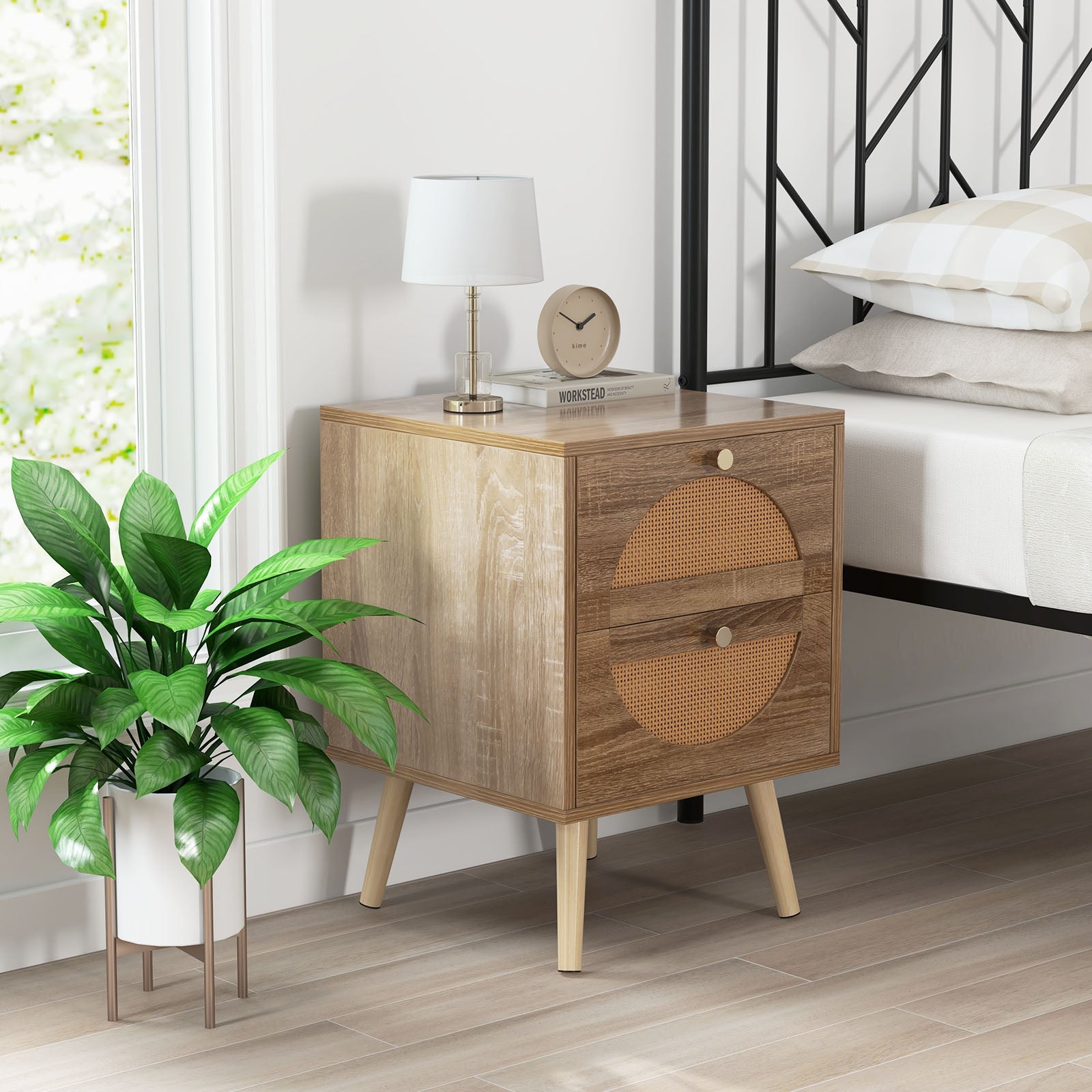 Set of 2 Rattan Nightstand with 2 Drawers and Solid Wood Legs-Natual