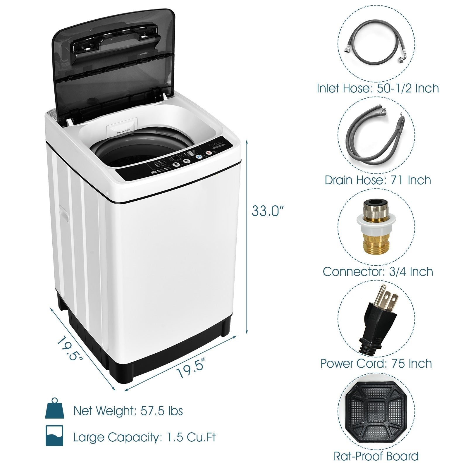 Full-Automatic Washing Machine 1.5 Cubic Feet 11 LBS Washer-White