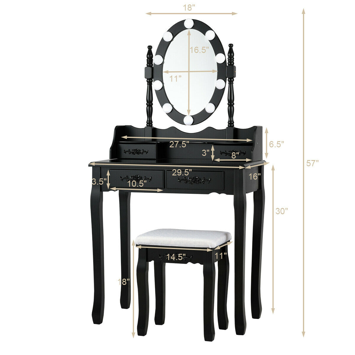 Makeup Dressing Table with Touch Switch Lighted Mirror and Cushioned Stool-Black