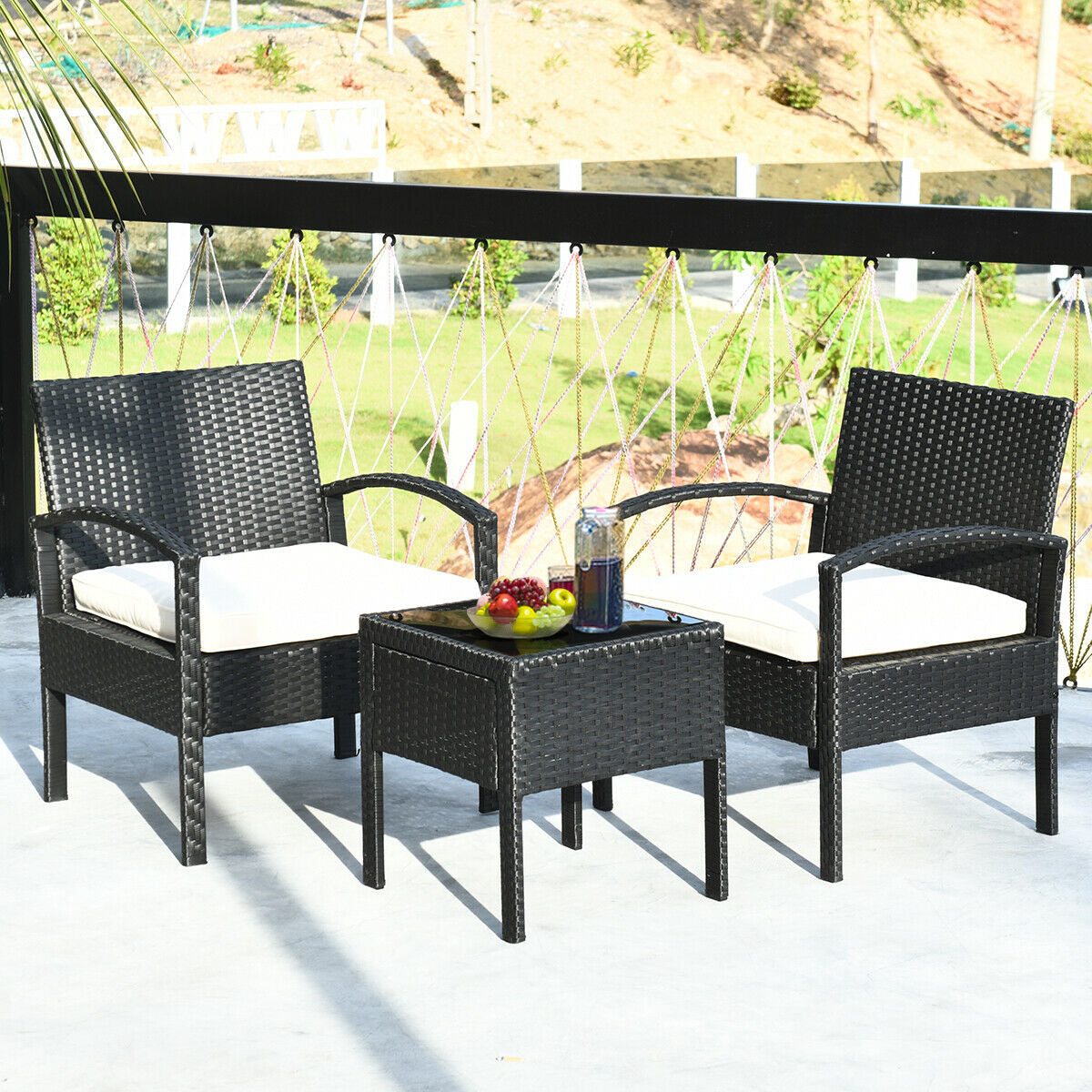 3 Pieces Outdoor Rattan Patio Conversation Set with Seat Cushions-White
