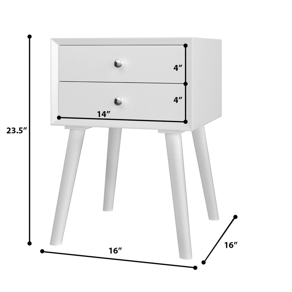 Wooden Nightstand Mid-Century End Side Table with 2 Storage Drawers-White