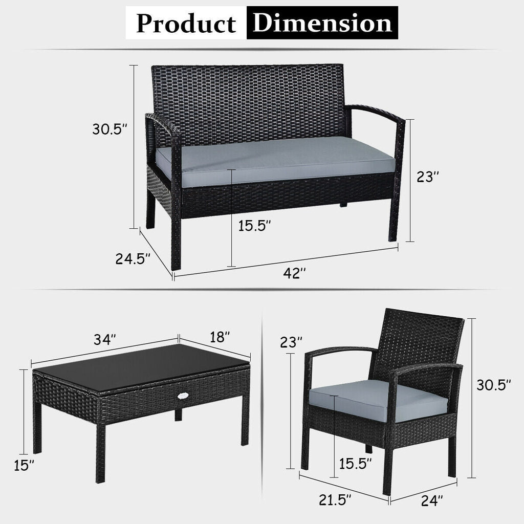 4 Pieces Patio Rattan Cushioned Furniture Set-Gray
