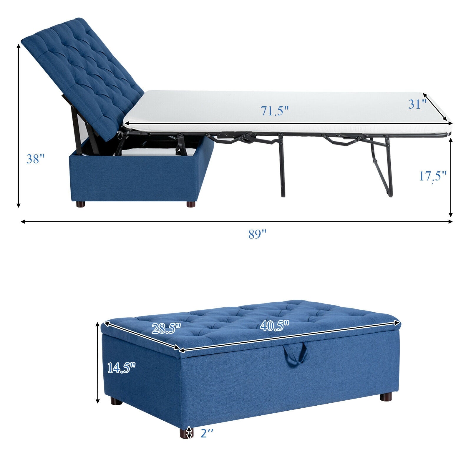 Folding Ottoman Sleeper Bed with Mattress for Guest Bed and Office Nap-Blue
