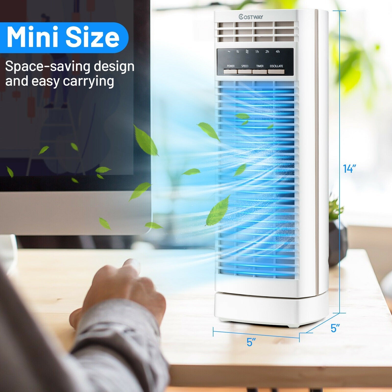 14 Inch Mini Oscillating Tower Fan Electric Desk Fan with 3 Speed and Timer-White