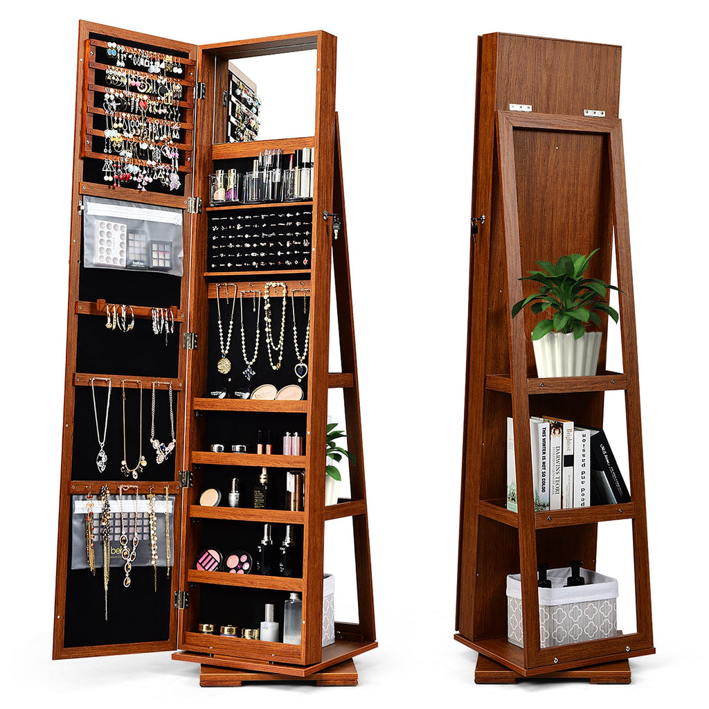 360° Rotatable 2-in-1 Lockable Jewelry Cabinet with Full-Length Mirror-Brown