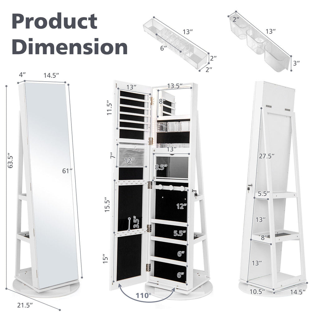 360° Rotating Mirrored Jewelry Cabinet Armoire 3 Color LED Modes Lockable-White