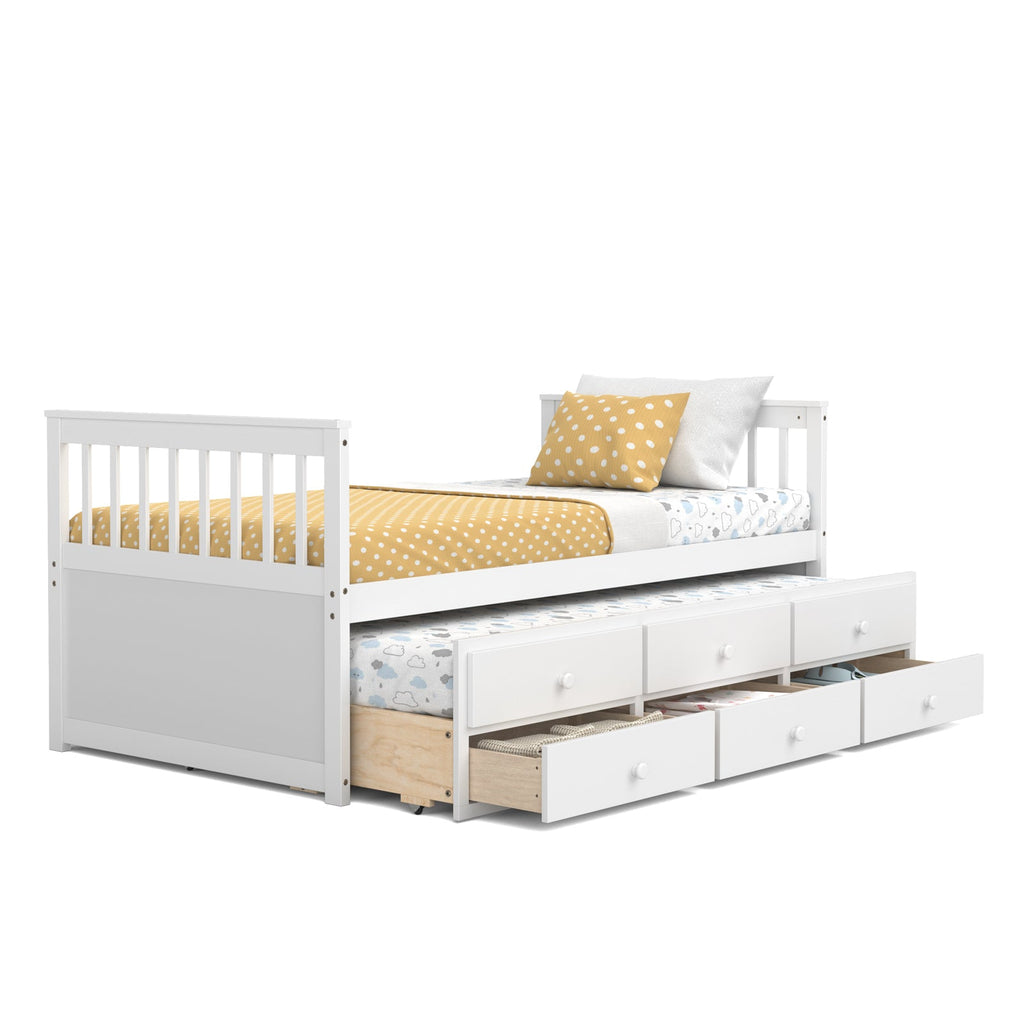 Twin Captain’s Bed with Trundle and 3 Storage Drawers-White