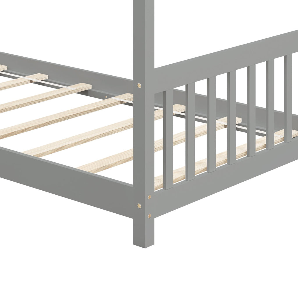 Twin Size Wooden House Bed with Roof-Gray