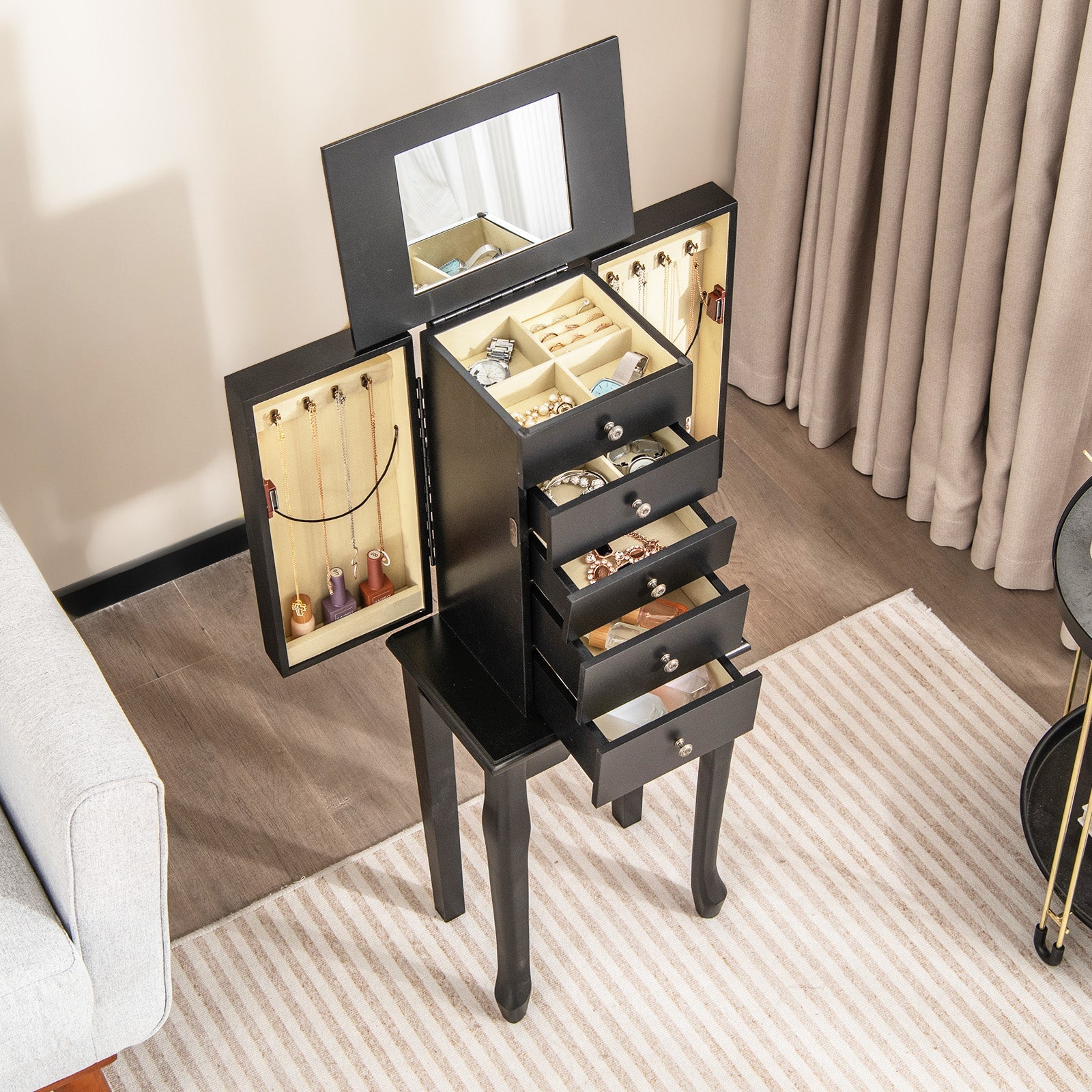 2 Colors Armoire Storage Standing Jewelry Cabinet with Mirror-Black