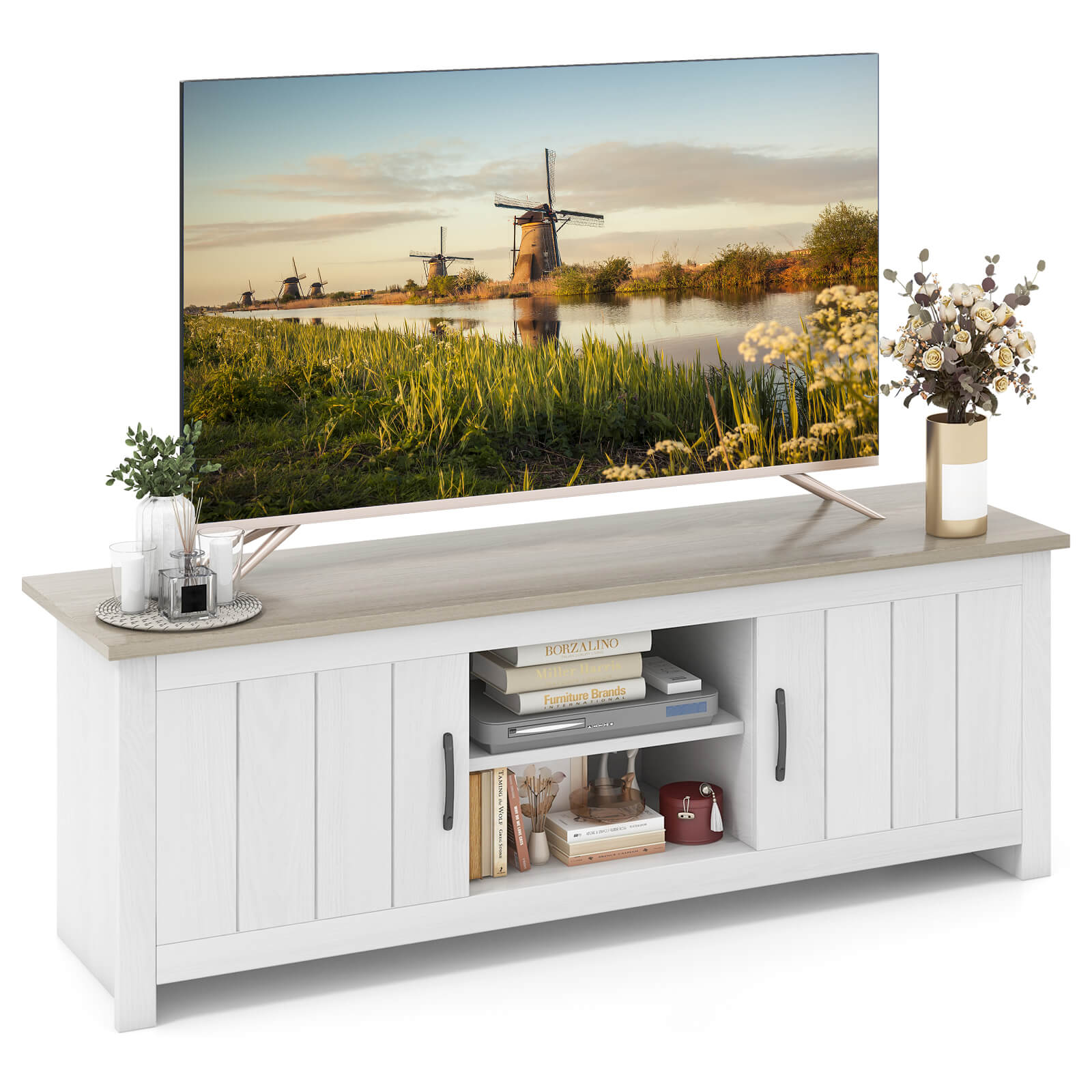 TV Stand with 2 Cabinets and Open Shelves for TVs up to 65 Inch-Natural