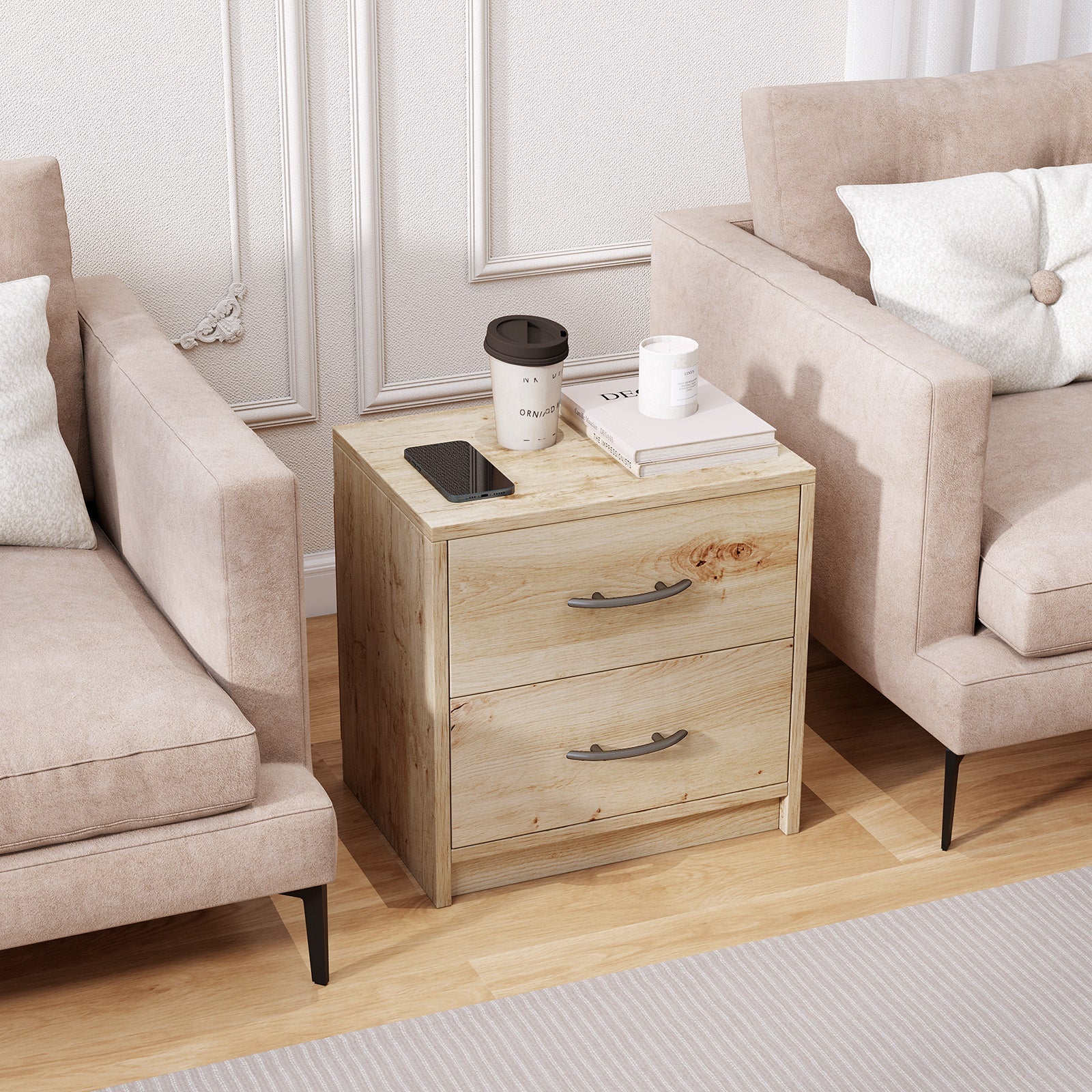 2 Drawer Nightstand with Storage for Living Room-Oak
