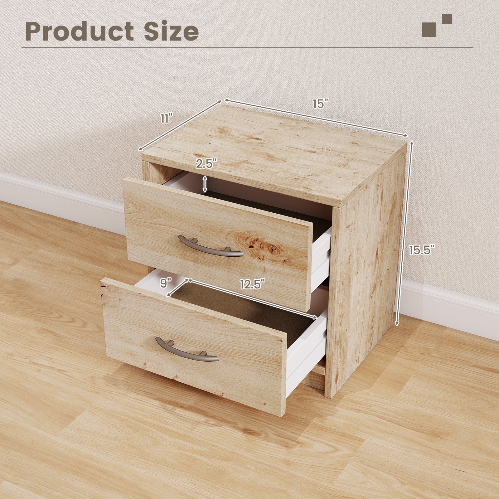 2 Drawer Nightstand with Storage for Living Room-Oak