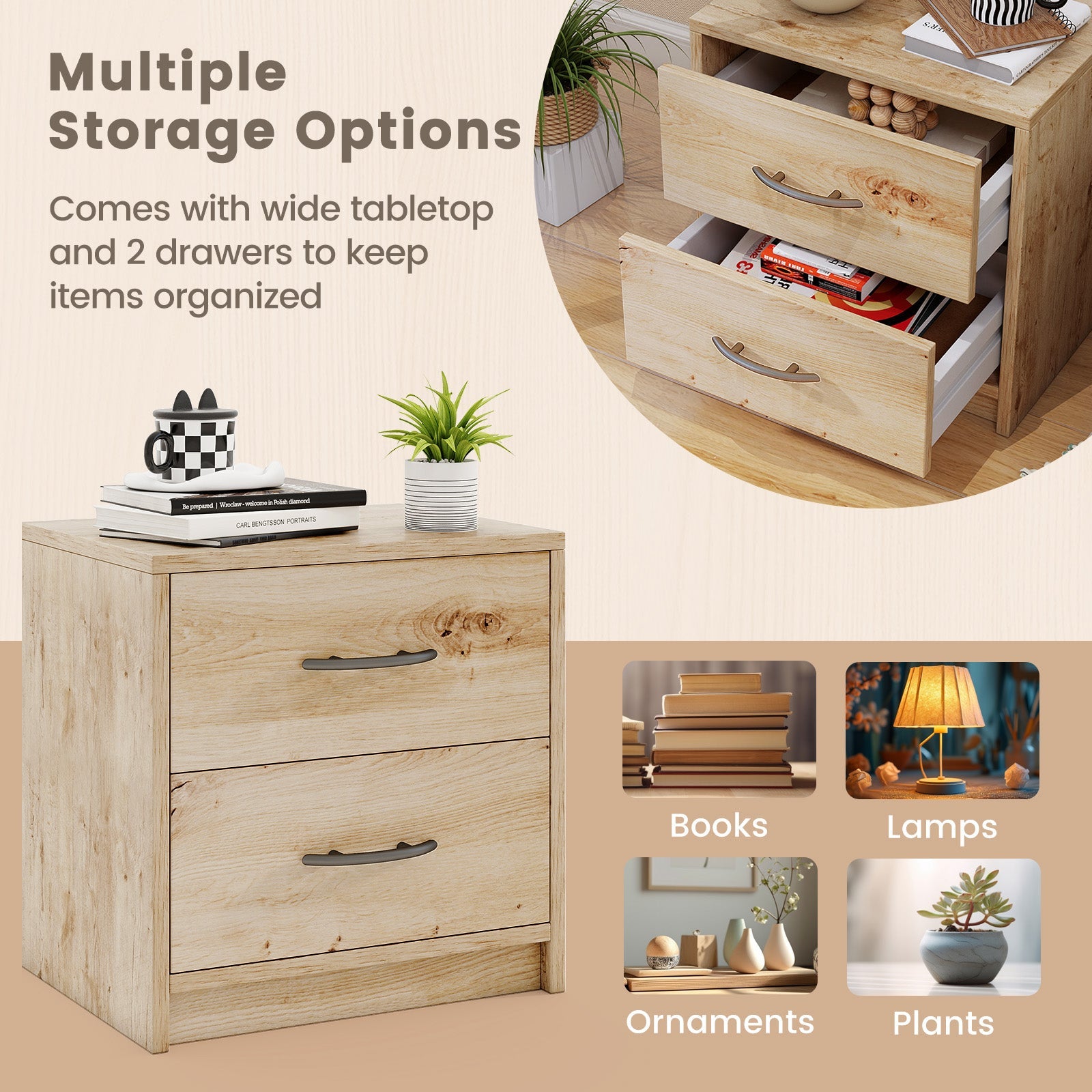 2 Drawer Nightstand with Storage for Living Room-Oak