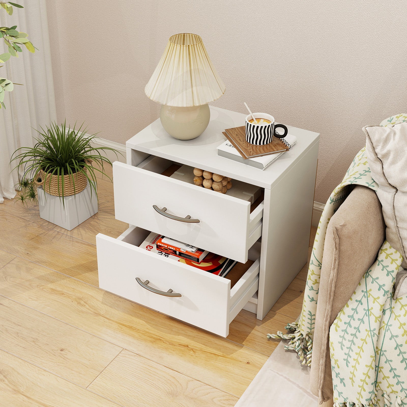 2 Drawer Nightstand with Storage for Living Room-White