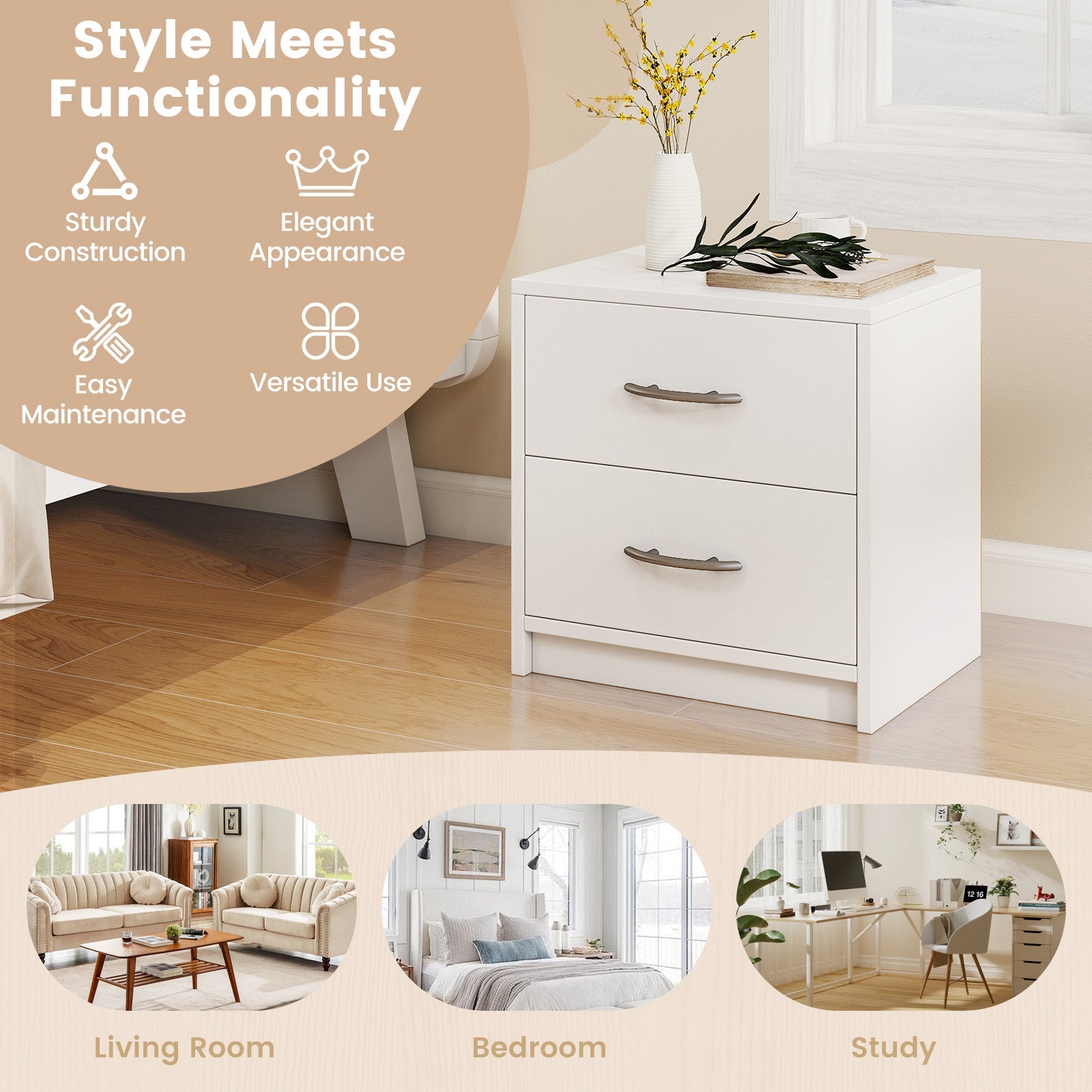 2 Drawer Nightstand with Storage for Living Room-White