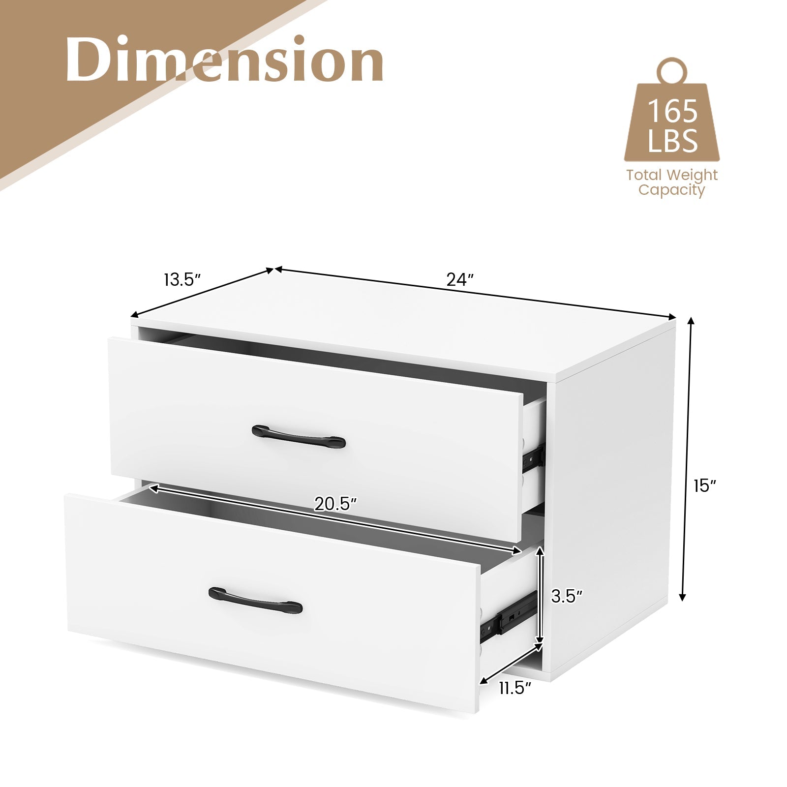 2-Drawer Stackable Horizontal Storage Cabinet Dresser Chest with Handles-White