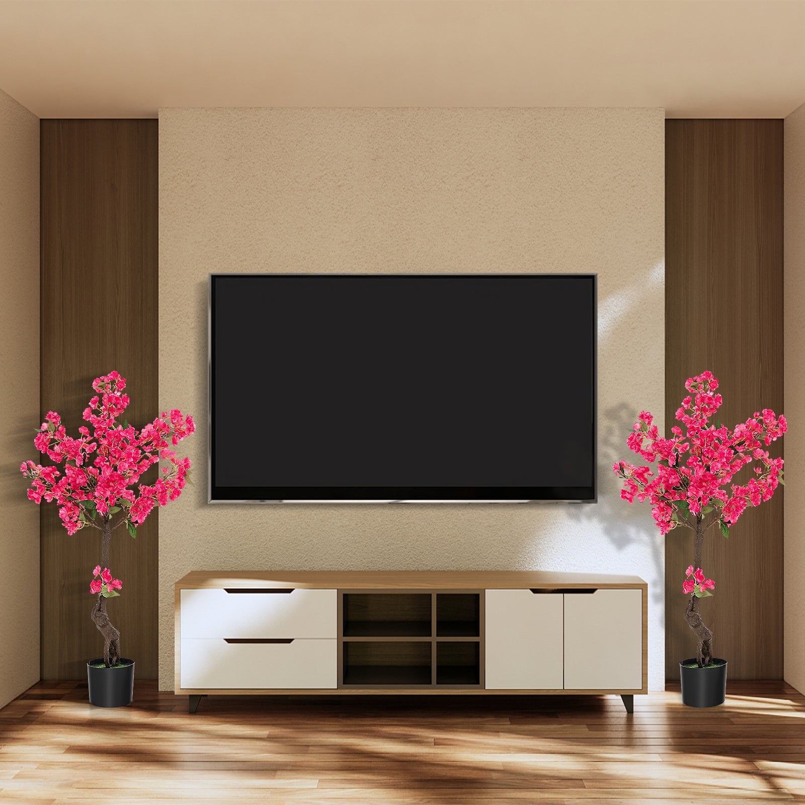 2 Pack 41 Inch Artificial Plum Blossom Tree Fake Floral Plant with 92 Flowers-Red